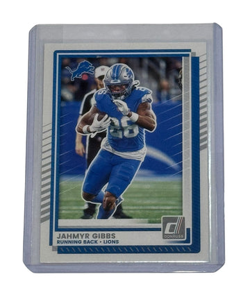 Jahmyr Gibbs 2025 Donruss NFL Premiere Detroit Lions rookie card in protective sleeve