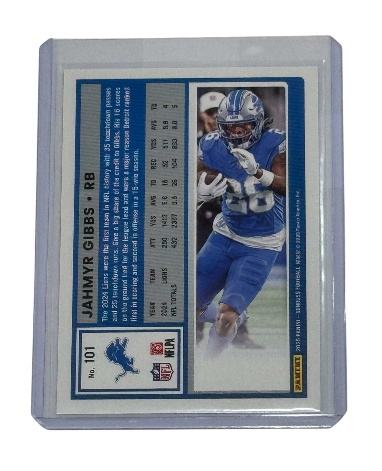 Jahmyr Gibbs 2025 Donruss NFL Premiere Detroit Lions RB rookie card #101 in protective case