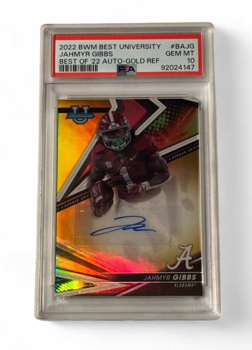 2022 Bowman’s Best University Jahmyr Gibbs Rookie Auto Gold Refractor PSA 10 football card