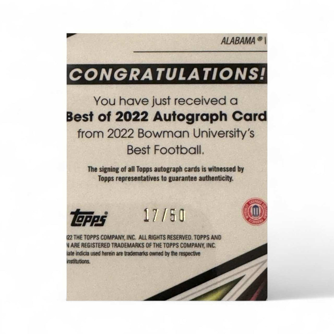 2022 Bowman’s Best University Jahmyr Gibbs Rookie Auto Gold Refractor PSA 10 football card