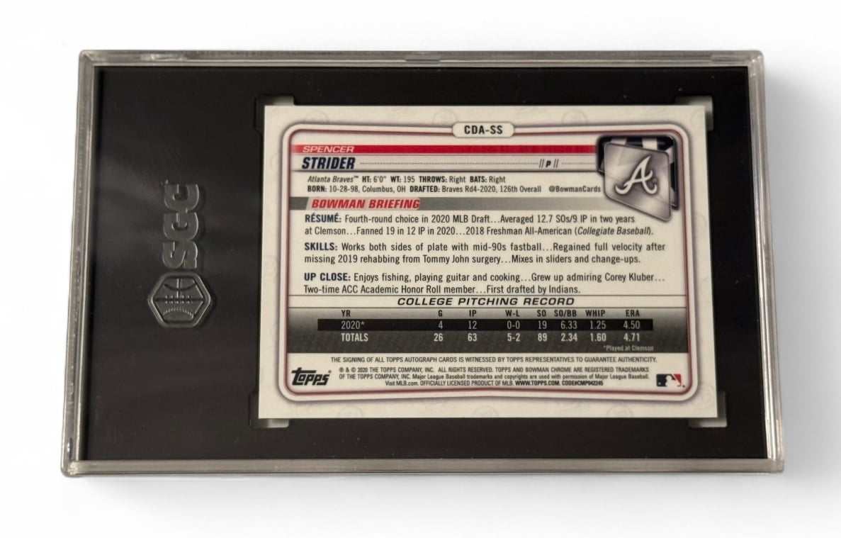 2022 Bowman’s Best University baseball card back with player stats and biography in protective case