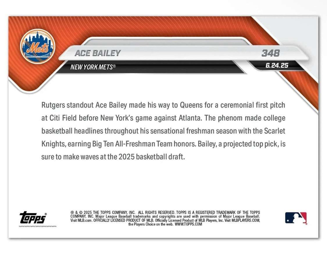 2025 MLB Topps Now Ace Bailey 1st pitch at Citi Field baseball card with Mets logo