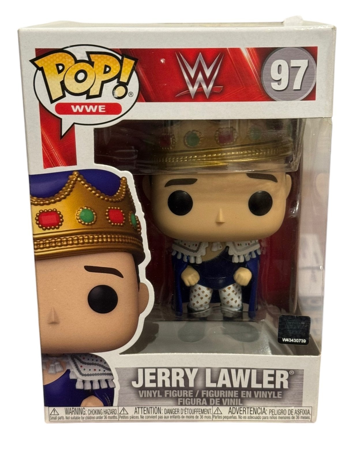 Funko Pop WWE Jerry Lawler #97 vinyl figure with crown and royal attire in display box
