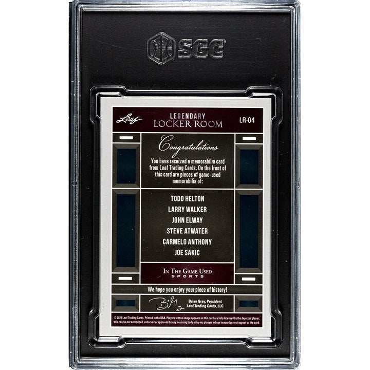 2022 Leaf collection In The Game Used sports trading card featuring Larry Walker, John Elway, Steve Atwater, Carmelo Anthony, Todd Helton, Joe Sakic graded SGC 8* with locker room memorabilia pieces
