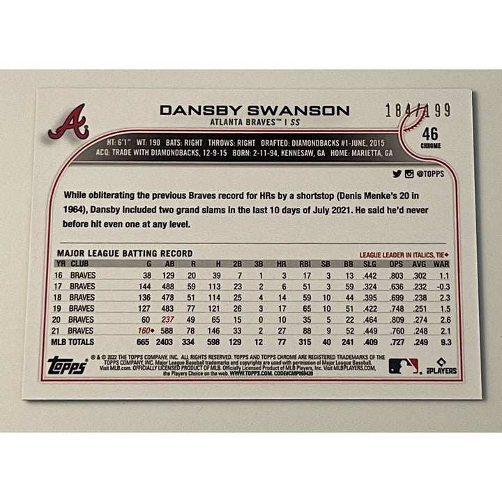 2022 Topps Chrome Dansby Swanson Prism Refractor MLB Braves baseball card