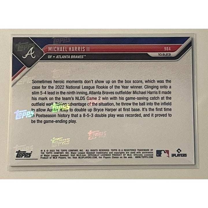 2023 Topps NOW Michael Harris II rookie card showing circus catch for Atlanta Braves in NLDS game 2