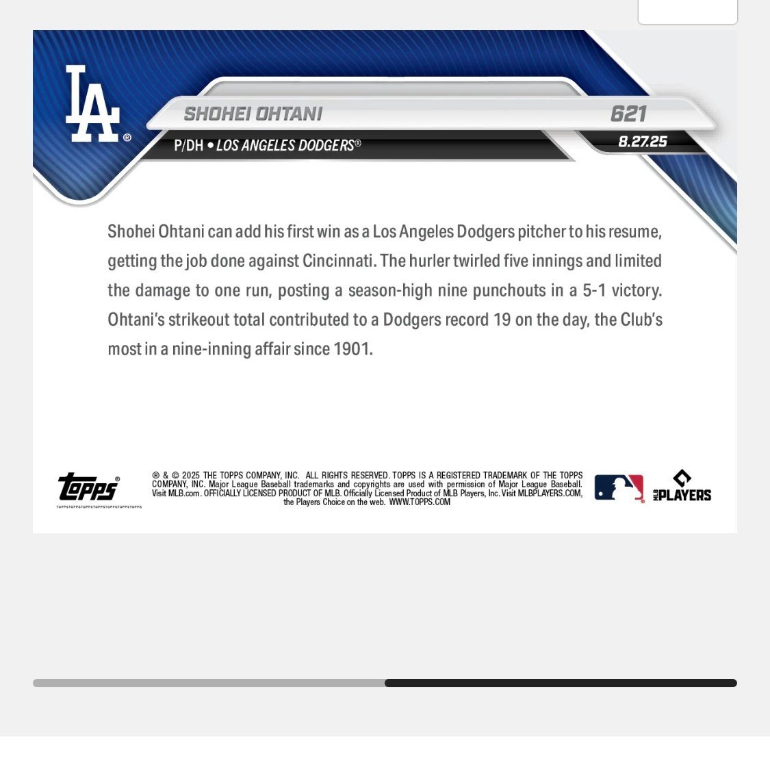 HISTORIC CARD! 9 K’s* - Shohei Ohtani 15T DODGERS WIN ON BOBBLEHEAD Night - #621