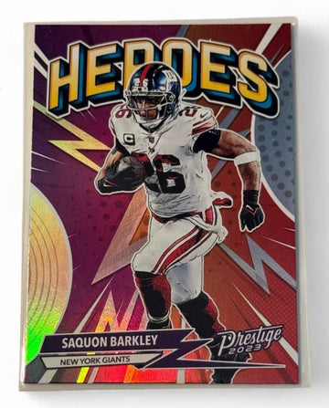 2023 Panini Prestige Heroes Saquon Barkley New York Giants football card with foil finish