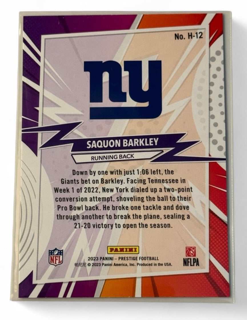2023 Panini Prestige Heroes Saquon Barkley New York Giants football card with foil finish
