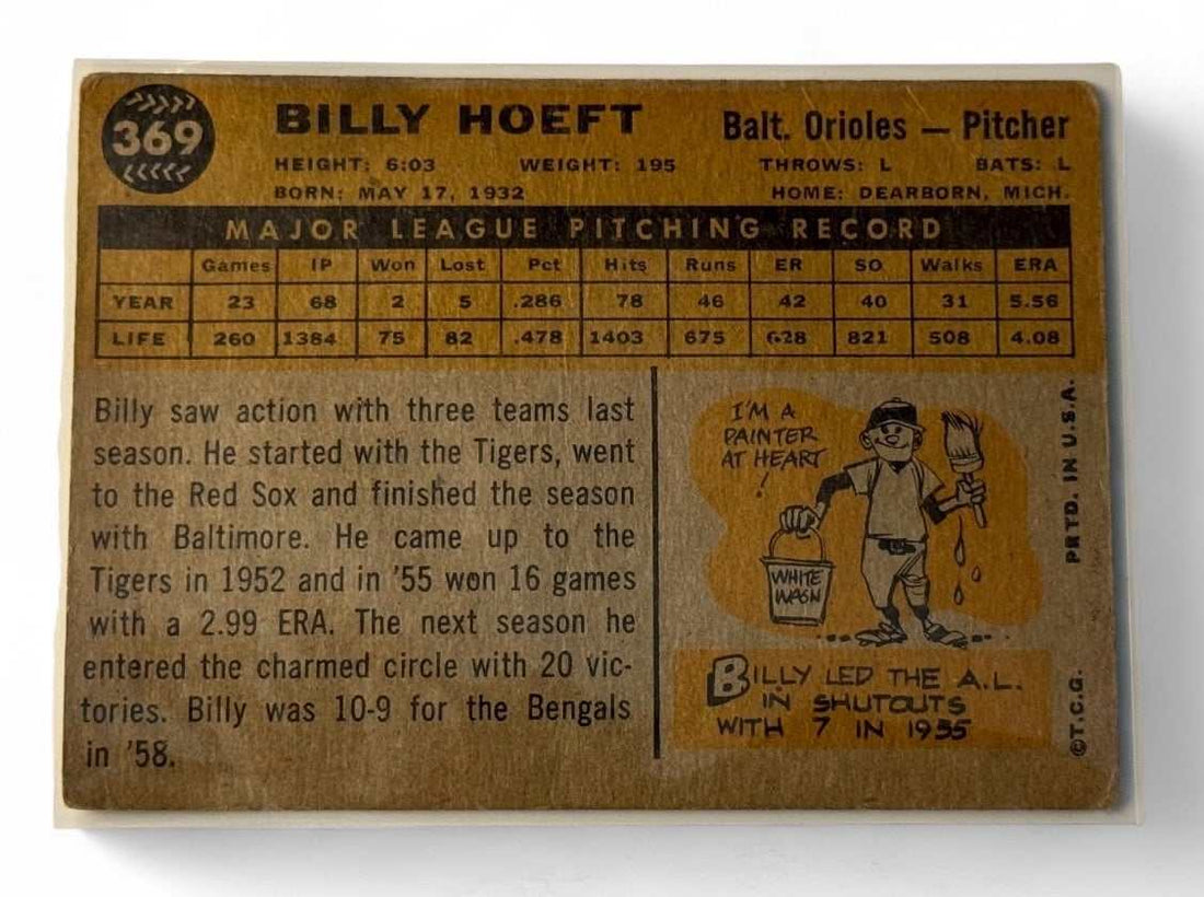 1960 Topps Billy Hoeft Baltimore Orioles pitcher vintage baseball card