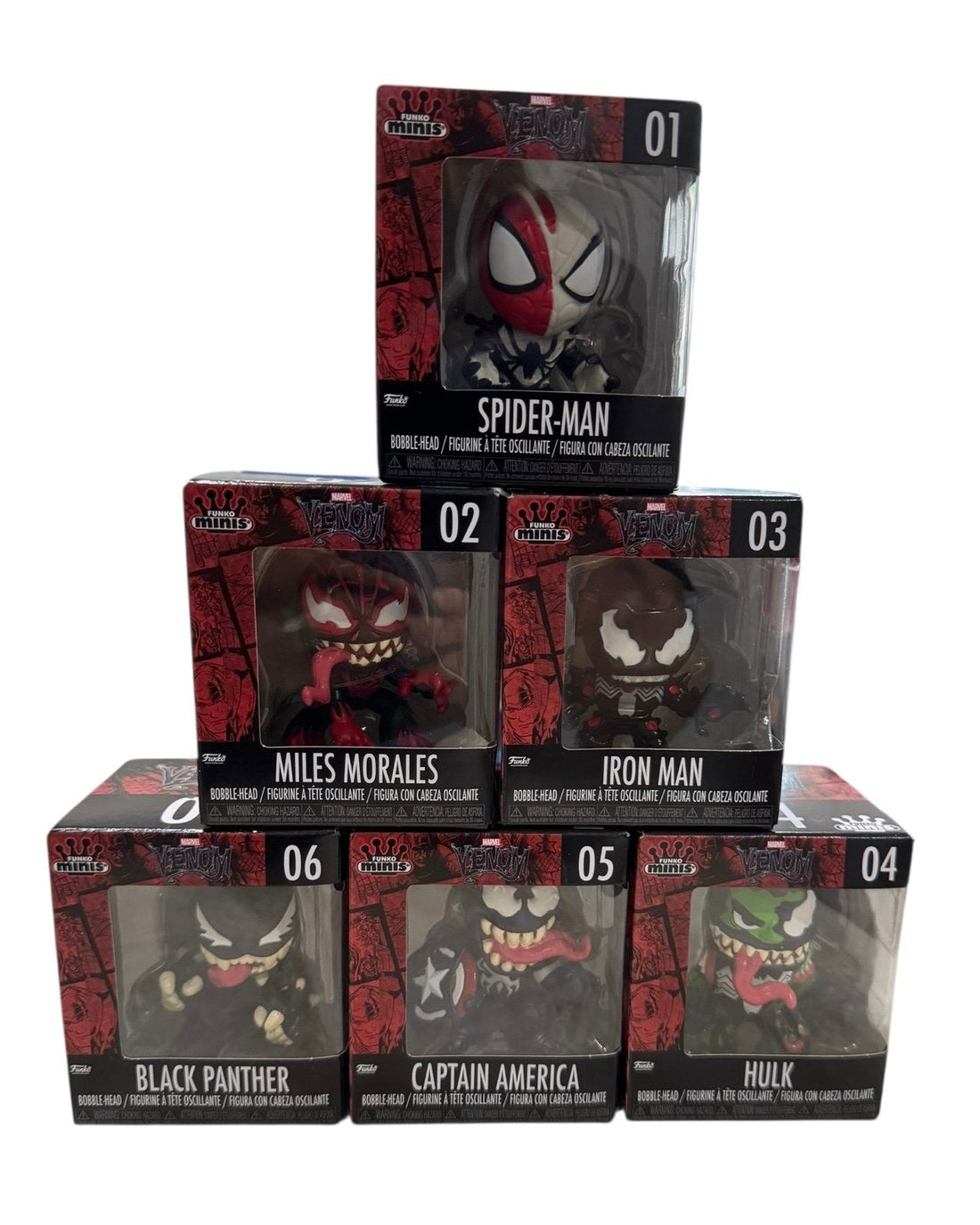 Funko MINIs Venomized SpiderMan Miles Morales Iron Man Hulk Captain America Black Panther set of six unopened collectibles