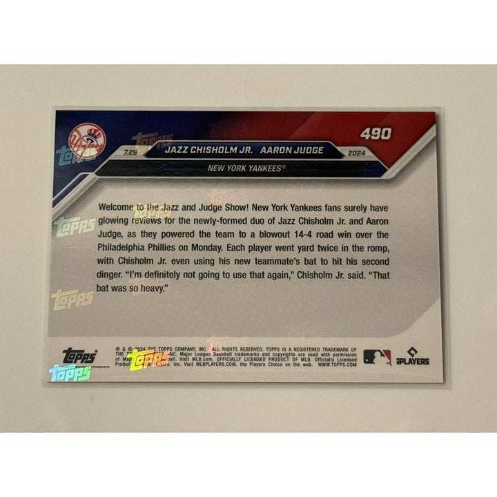 2024 Topps Now MLB trading card featuring Jazz Chisholm Jr. and Aaron Judge of the New York Yankees numbered 490