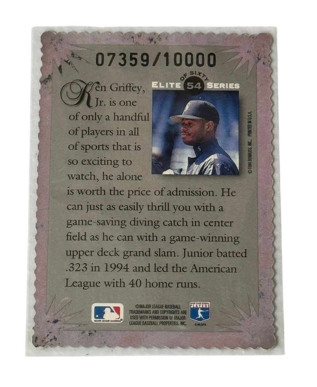 Ken Griffey Jr. 1994 Donruss Elite Series Mariners baseball card serial number 07359 of 10000 with foil shine and die-cut edge design