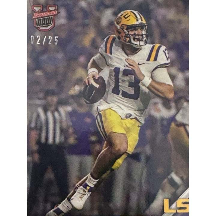 2024 Bowman Garrett Nussmeier RC LSU Tigers football rookie card numbered 2/25 with game action photo