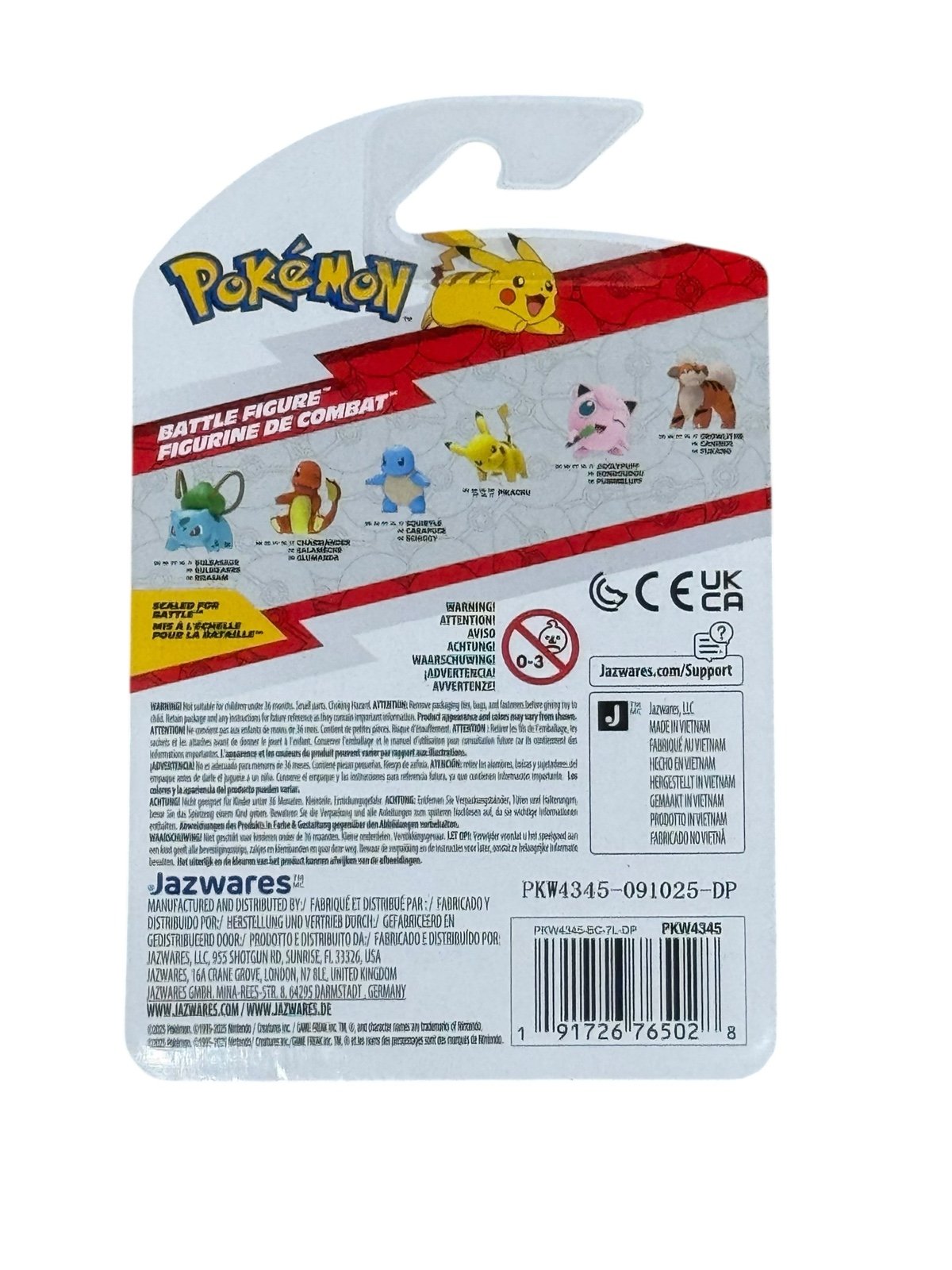 Pokemon Pikachu Jazwares battle figure packaging back view with product details and barcode