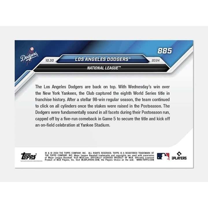 2024 Topps Now LA Dodgers historic comeback World Series win trading card featuring team celebration