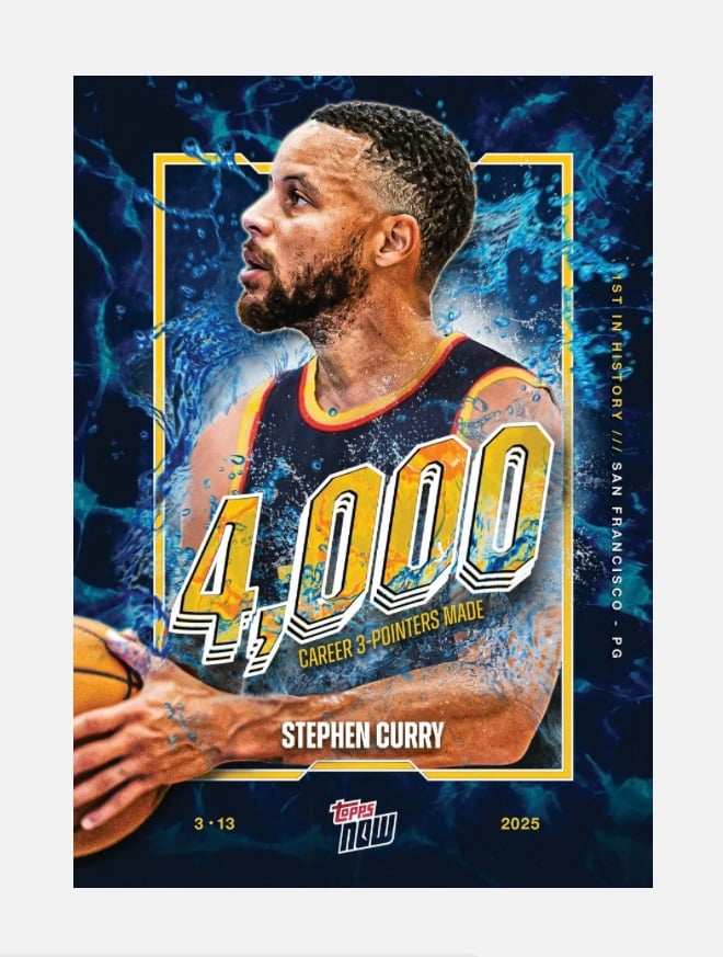 Stephen Curry 2025 Topps NOW NBA card celebrating 4,000 career three-pointers milestone