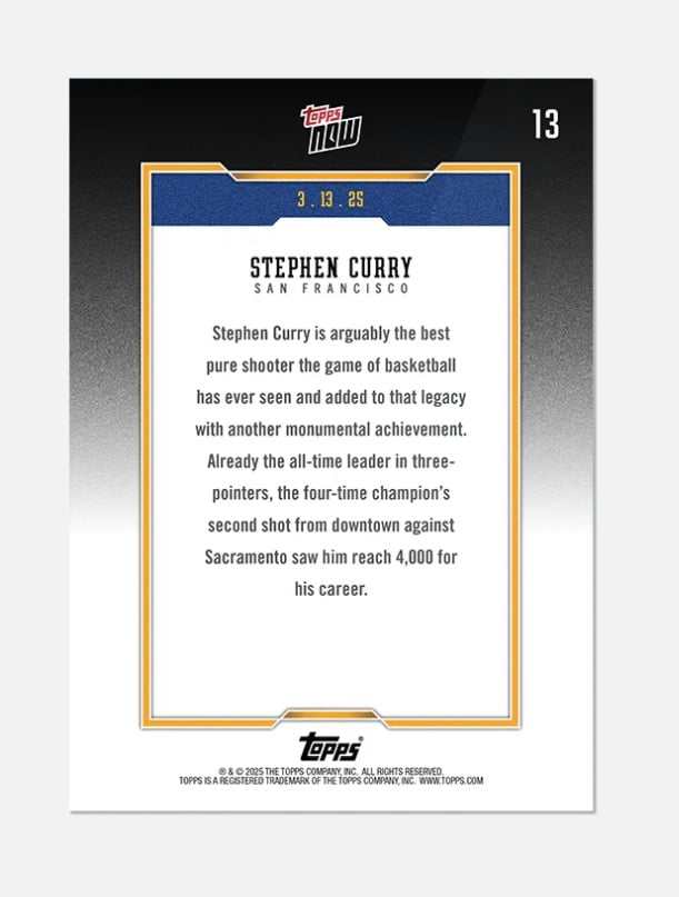 Stephen Curry 2025 Topps NOW NBA card celebrating 4,000 career three-pointers milestone