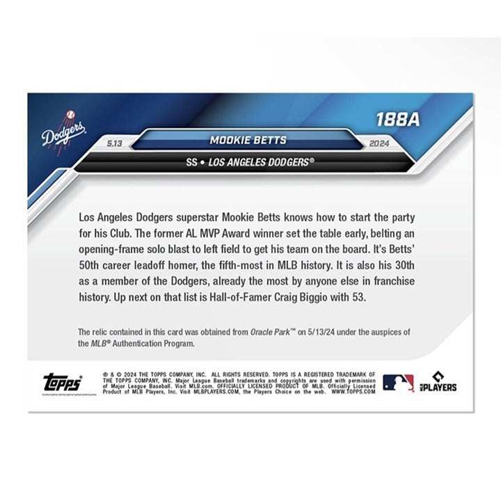 2024 MLB Topps Now Mookie Betts limited edition baseball card with game-used base relic, numbered 01/125