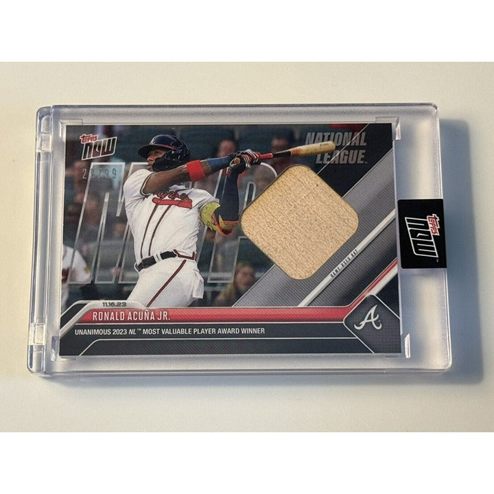 Ronald Acuna Jr. 2023 Topps Now MVP game-used base relic card numbered 29/99 in protective case