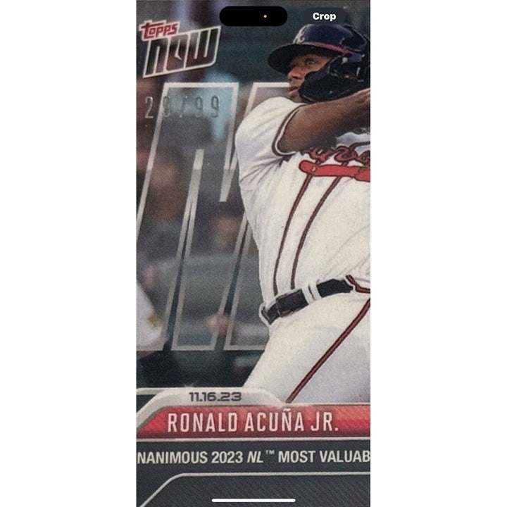 Ronald Acuna Jr. 29/99 2023 Topps Now MVP game-used base relic card in protective case
