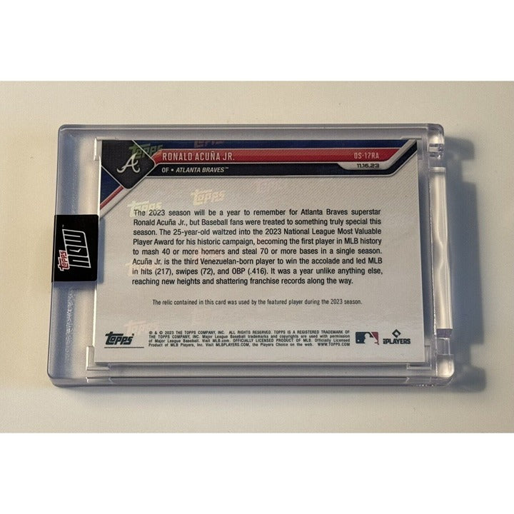 Ronald Acuna Jr. 2023 Topps Now game-used base relic card numbered 29/99 in protective case