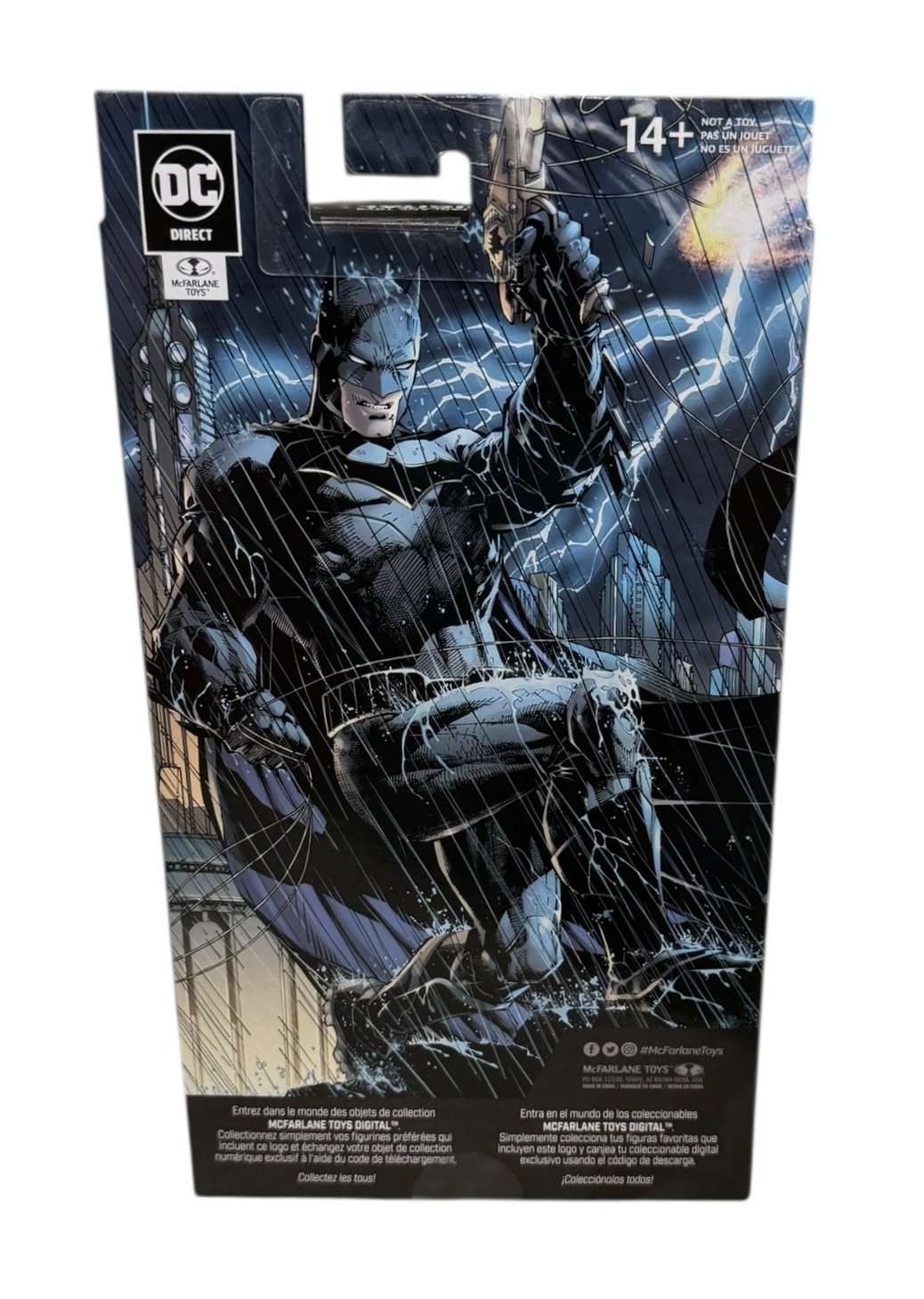 McFarlane DC Rebirth Batman 7-inch action figure in sealed DC Direct packaging with detailed sculpt and accessories