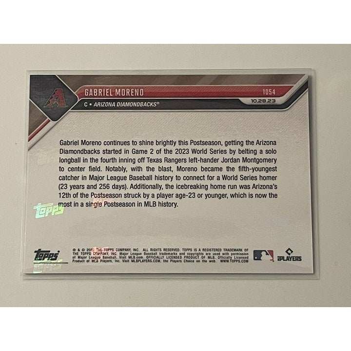 2023 Topps NOW Gabriel Moreno MLB World Series rookie baseball card with 4th inning home run moment