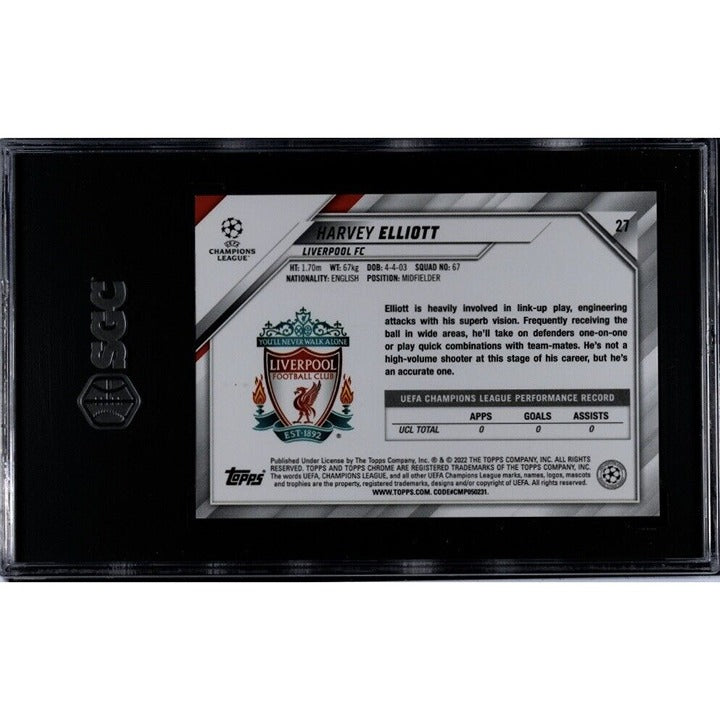 Harvey Elliott 2021-22 T Chrome UEFA Champions League black and white card back with Liverpool FC logo and player stats