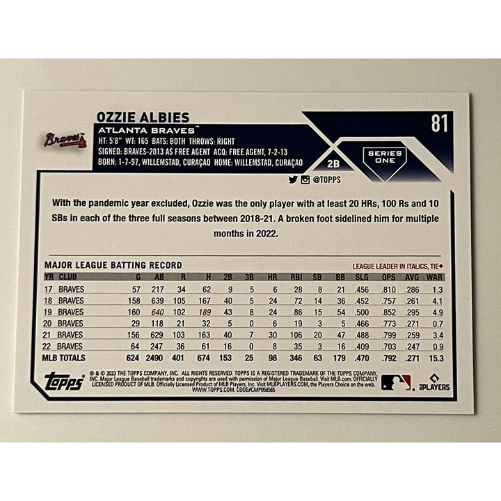 Ozzie Albies 2023 Topps Series 1 MLB Atlanta Braves baseball card back view
