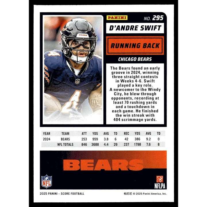 2025 NFL SCORE D'Andre Swift Chicago Bears football card near mint condition