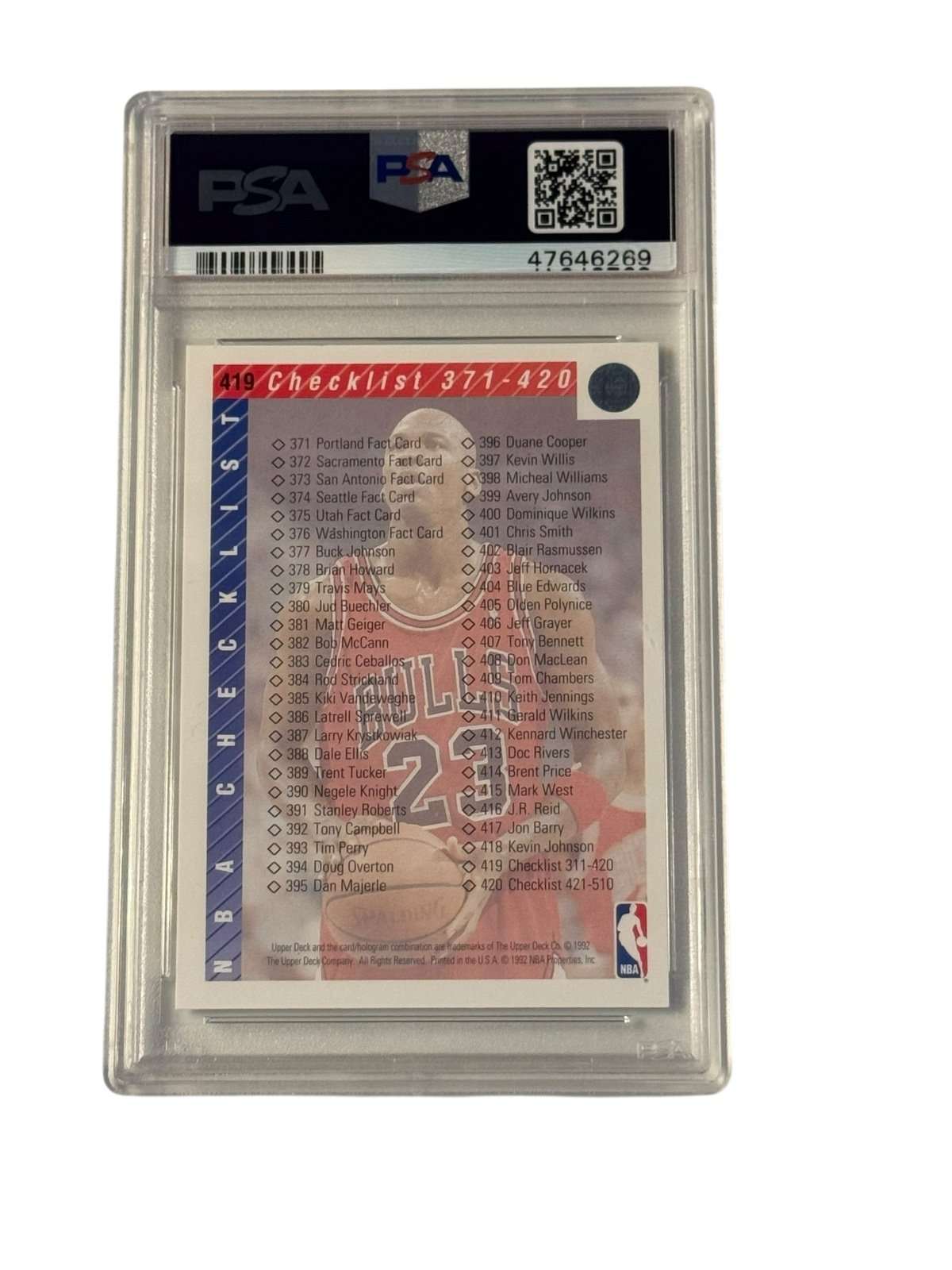 1992 Upper Deck Michael Jordan NBA Bulls checklist card 419 PSA 8 slabbed