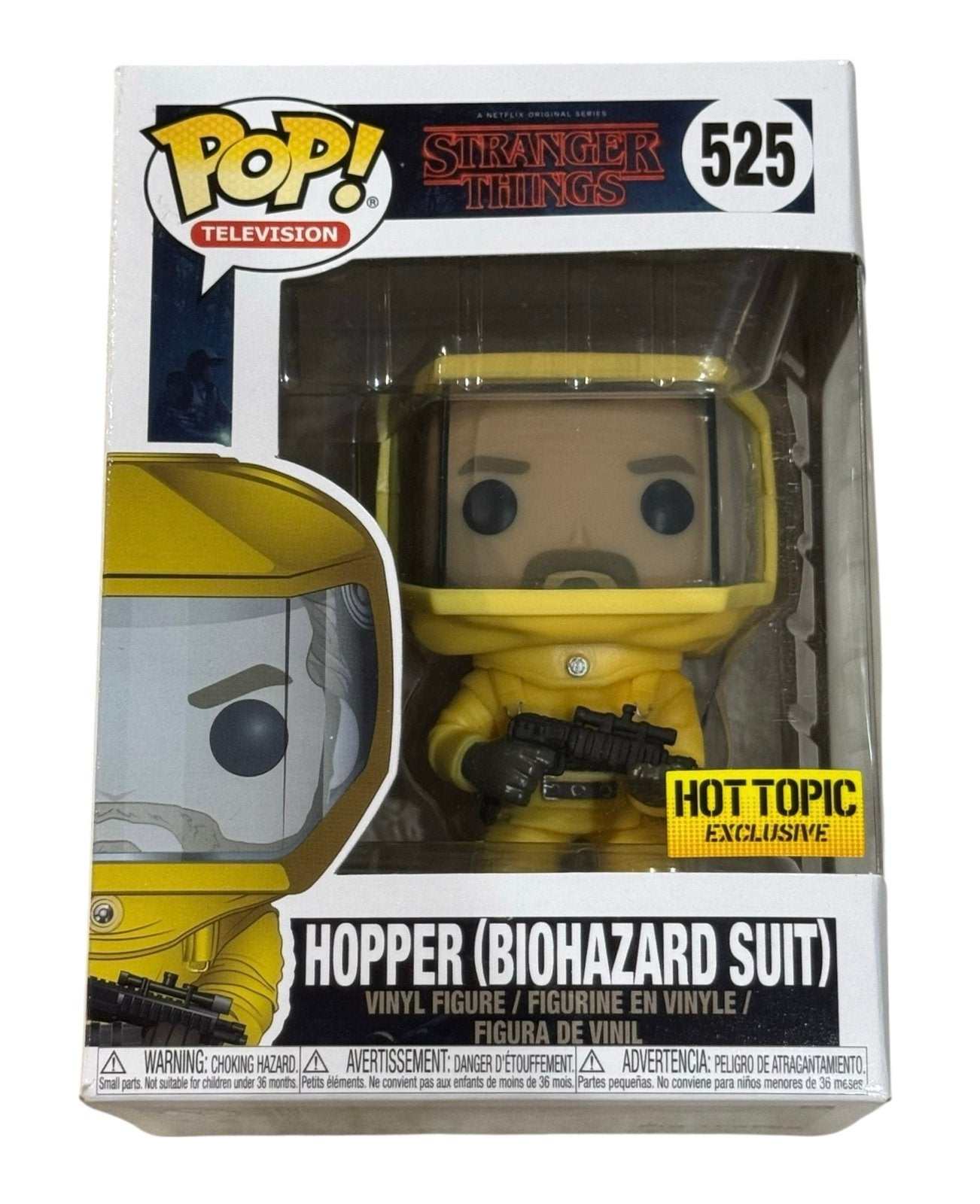Funko Pop Hopper in biohazard suit from Stranger Things Hot Topic exclusive packaging