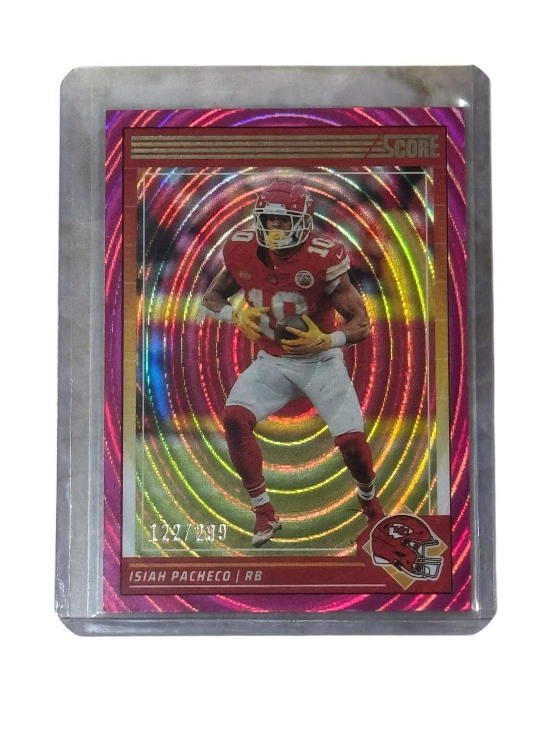 122/299 Isiah Pacheco 2024 Score Pink Spiral NFL Kansas City Chiefs running back football card