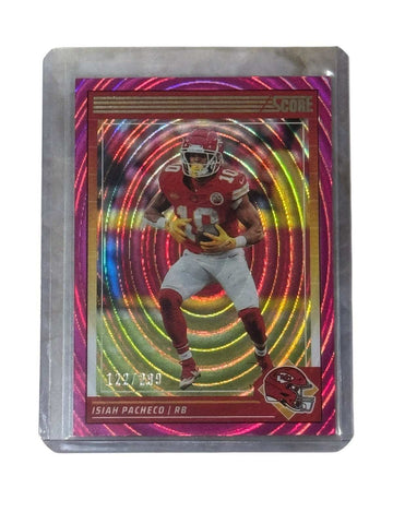 122/299 Isiah Pacheco 2024 Score Pink Spiral NFL Kansas City Chiefs running back football card