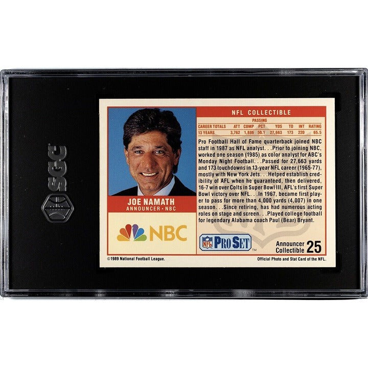 Joe Namath 1989 Pro Set Announcers collectible NFL New York Jets football card in protective case