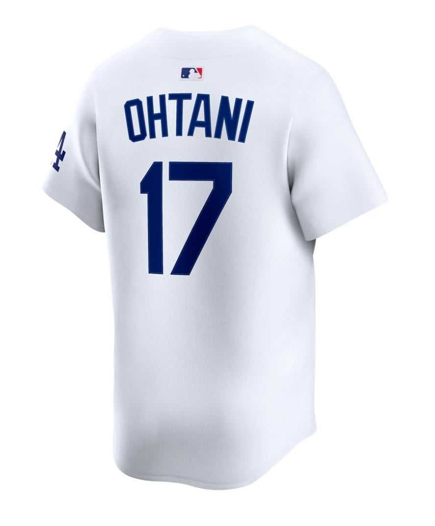 Shohei Ohtani Los Angeles Dodgers Nike white home limited jersey back view with number 17