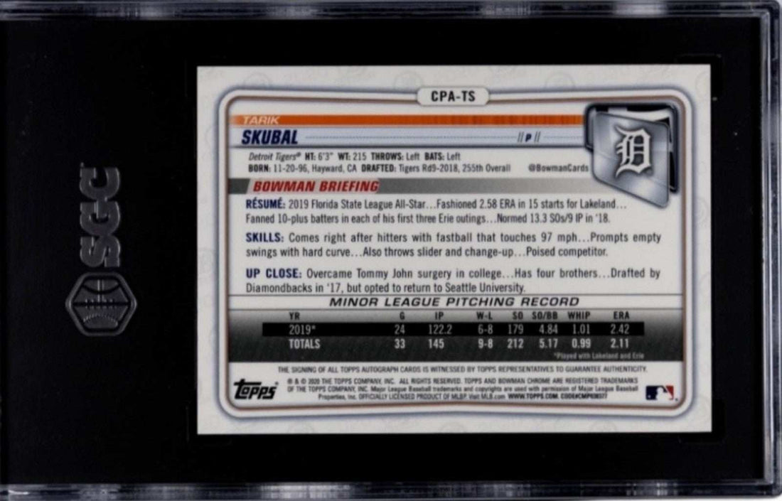 2020 Bowman Ch. Pros. Tarik Skubal rookie autograph baseball card Detroit Tigers SGC 9.5