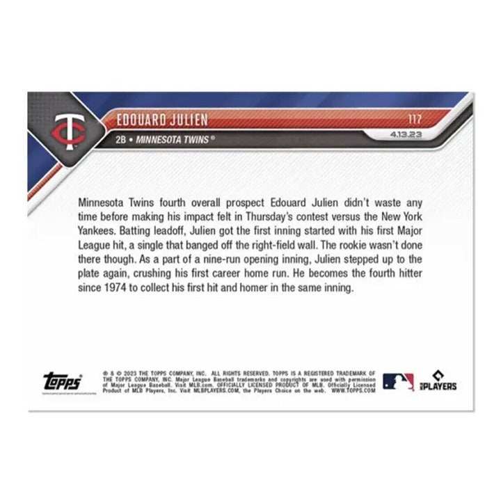 Edouard Julien Minnesota Twins 2023 Topps Now rookie baseball card featuring first MLB hit and home run in same inning