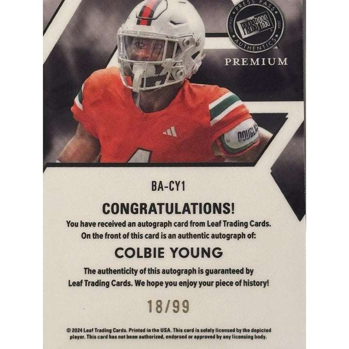 1899 Colbie Young RC 2024 Leaf Press Pass Premium football card with autograph and Georgia Bulldogs uniform