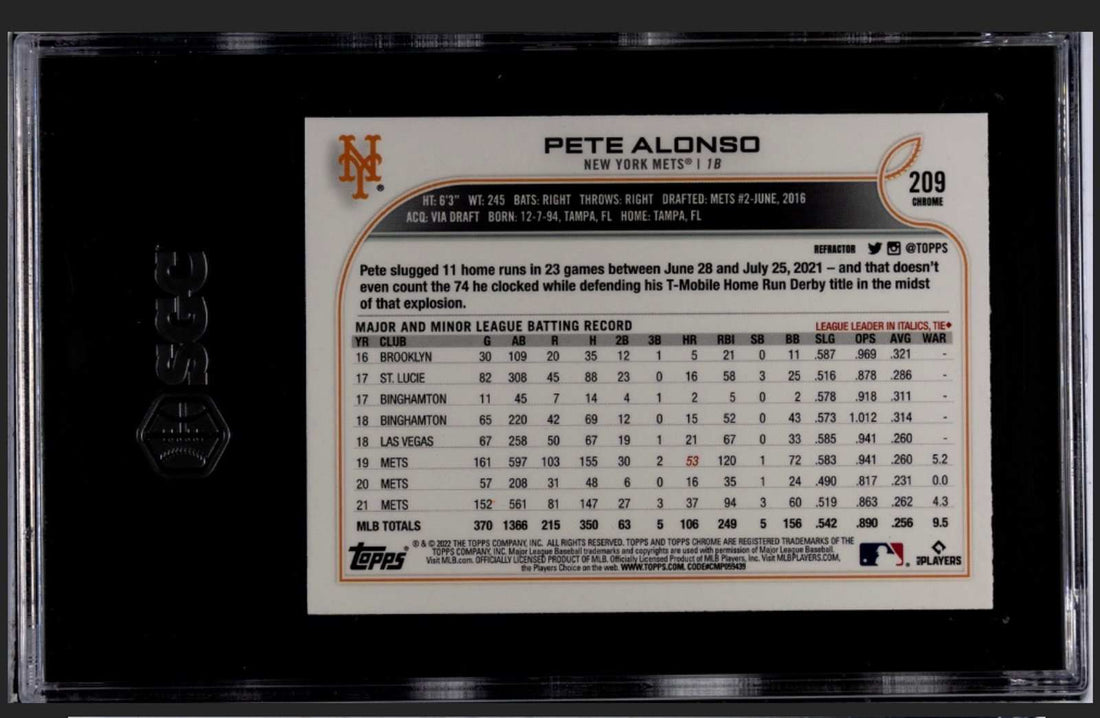 2022 TOPPS CHROME PETE ALONSO REFRACTOR baseball card graded SGC 9.5 showing New York Mets player batting