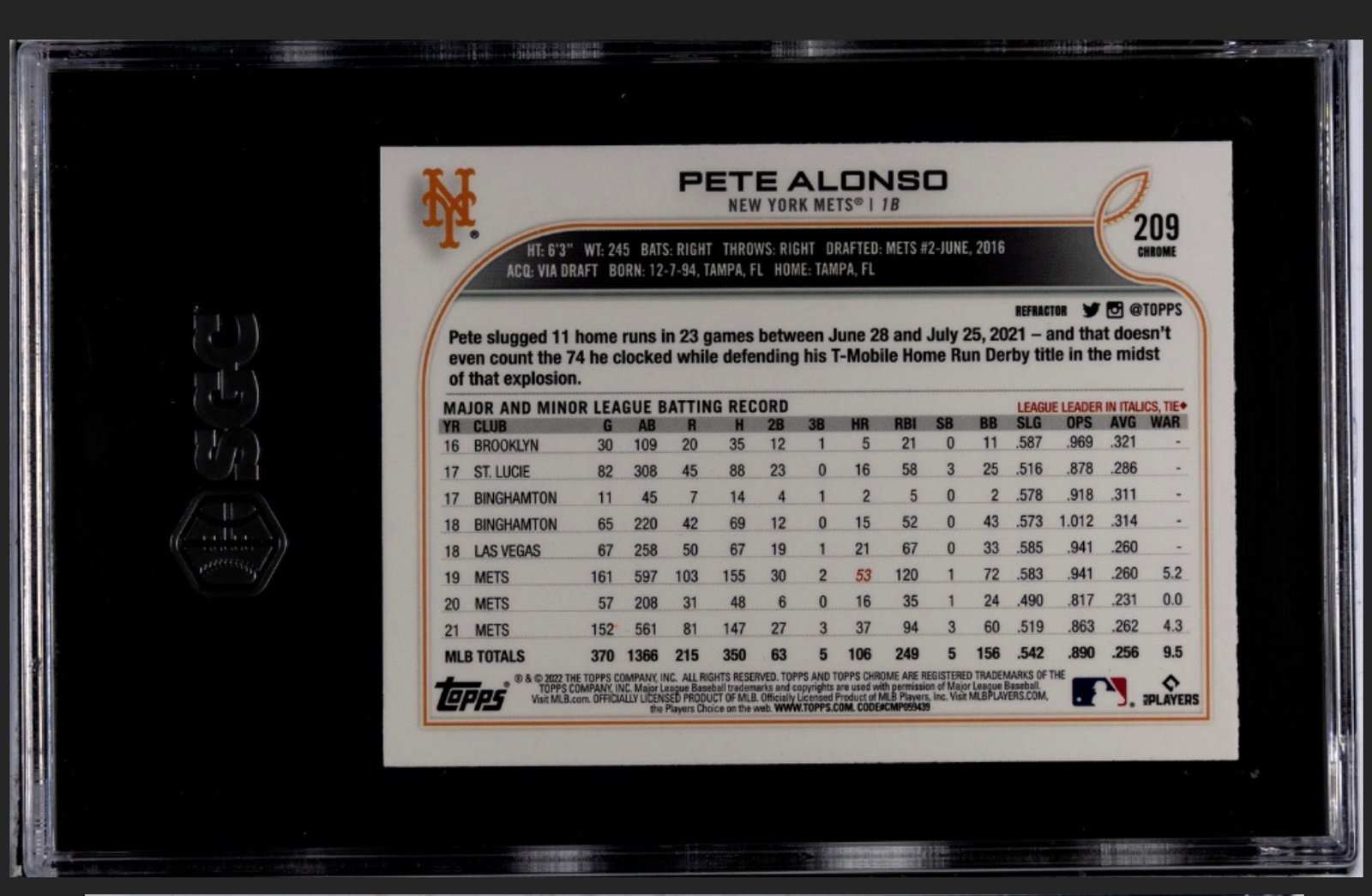 2022 Topps Chrome Pete Alonso Refractor Card 209 MLB New York Mets SGC 9.5 back view