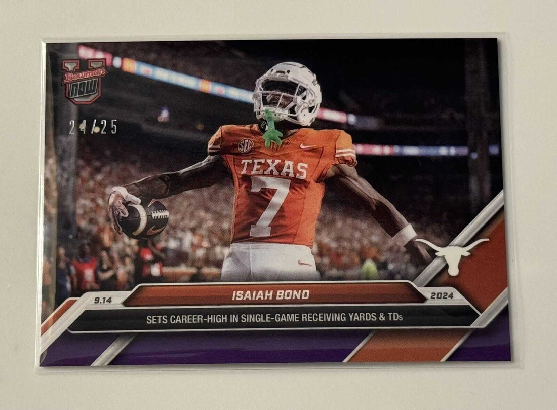 2024 Isaiah Bond RC Texas Longhorns football card numbered 24/25 with player celebrating touchdown