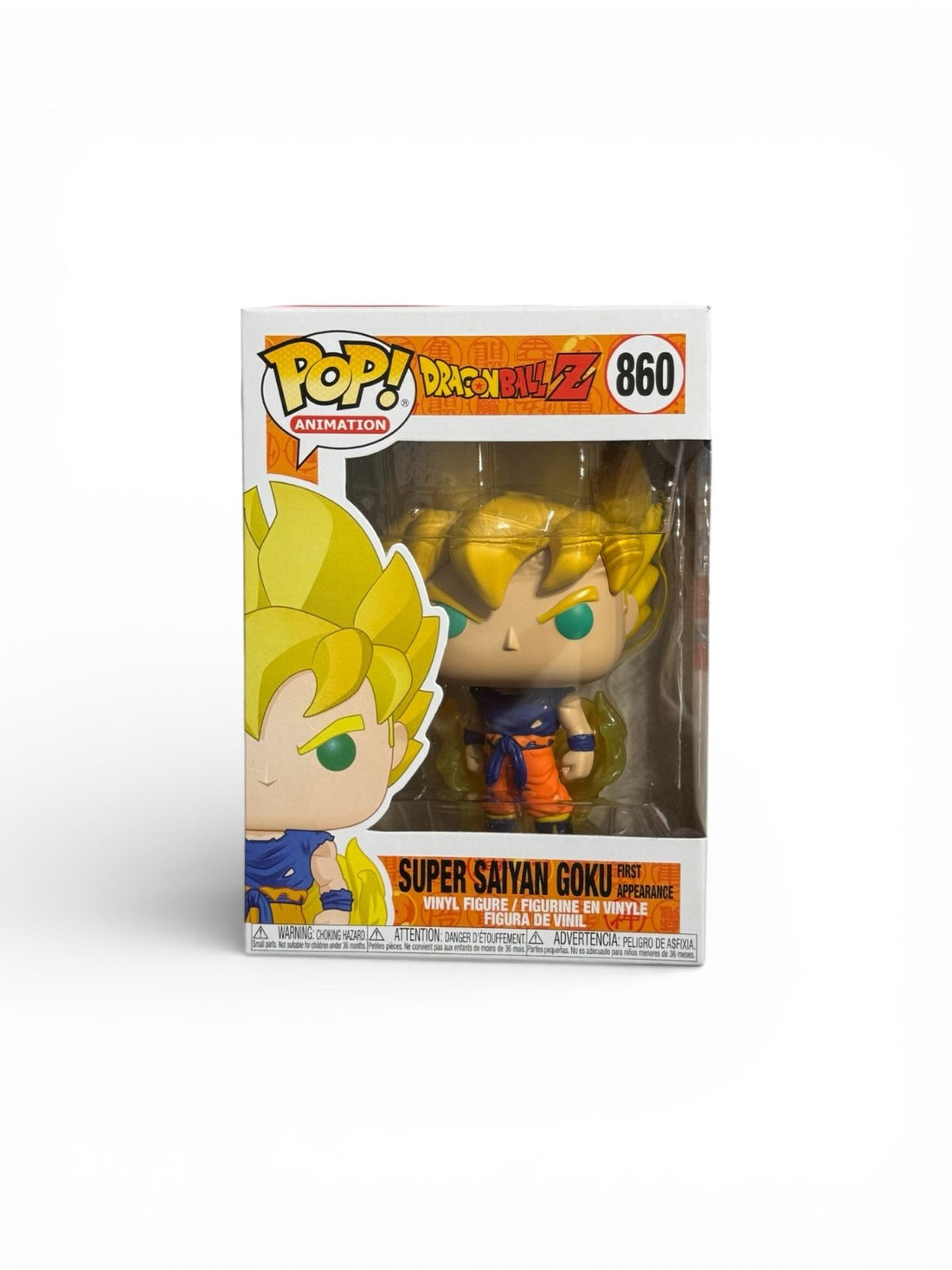 Super Saiyan Goku Funko Pop 860 vinyl figure in box with golden hair and green eyes from Dragon Ball Z