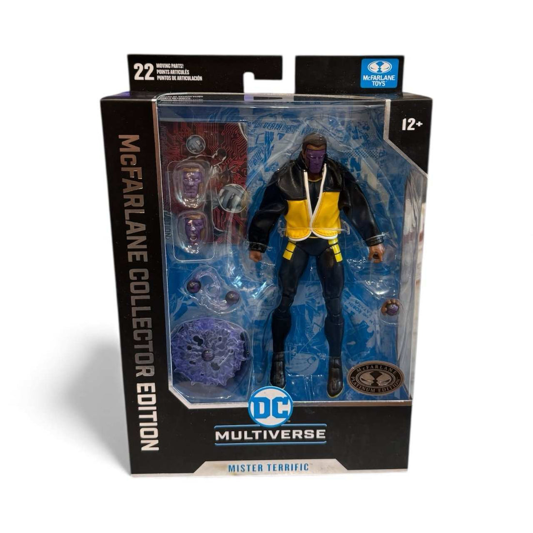 McFarlane DC Multiverse Mister Terrific Collector Edition action figure in sealed packaging with accessories and display stand