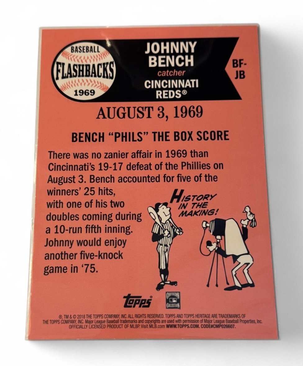 Johnny Bench 2018 Topps Heritage oversized baseball card from 1969 Big Red Machine series