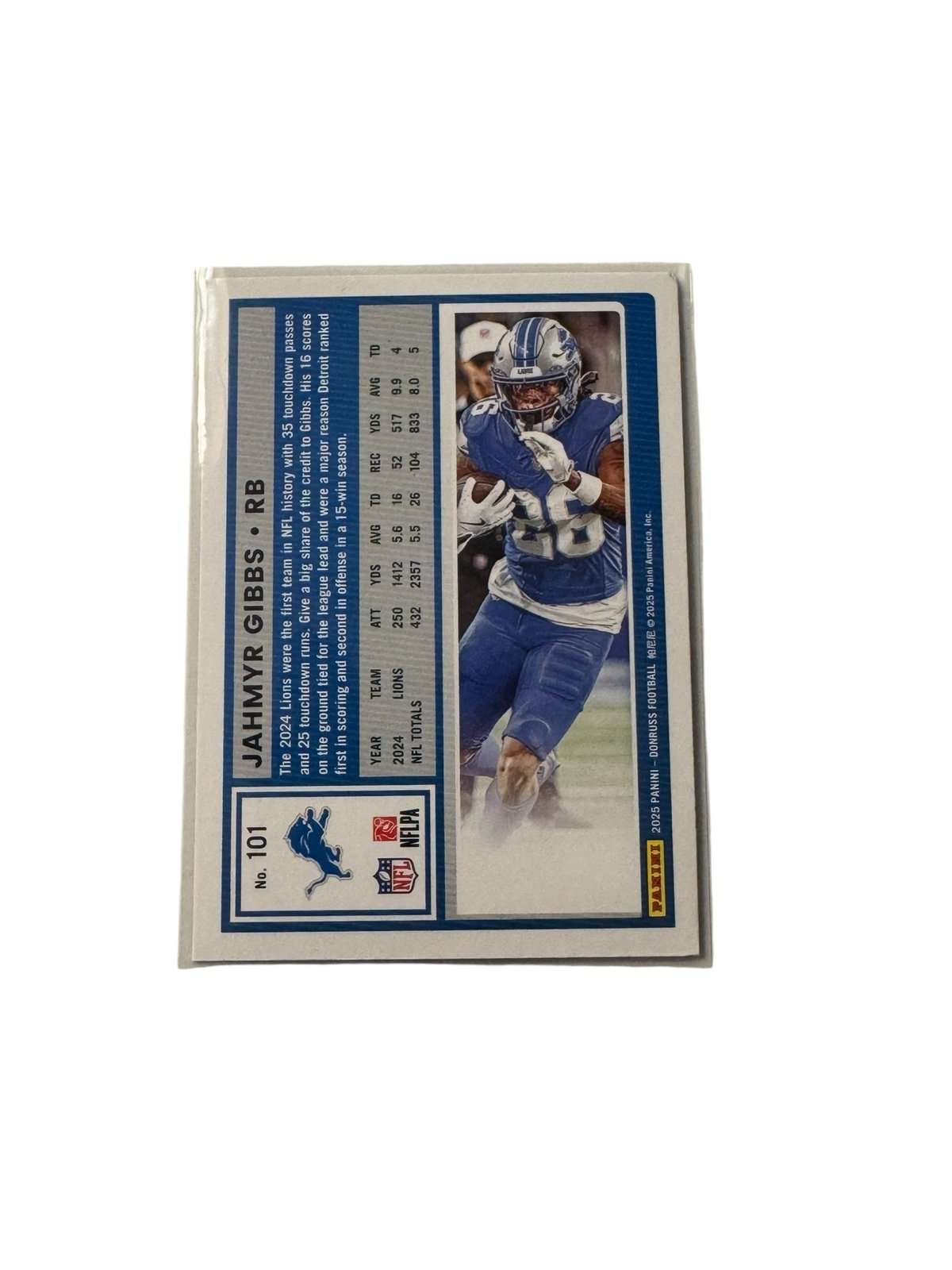 Jahmyr Gibbs 2025 Donruss Press Proof football card strong centering Detroit Lions RB