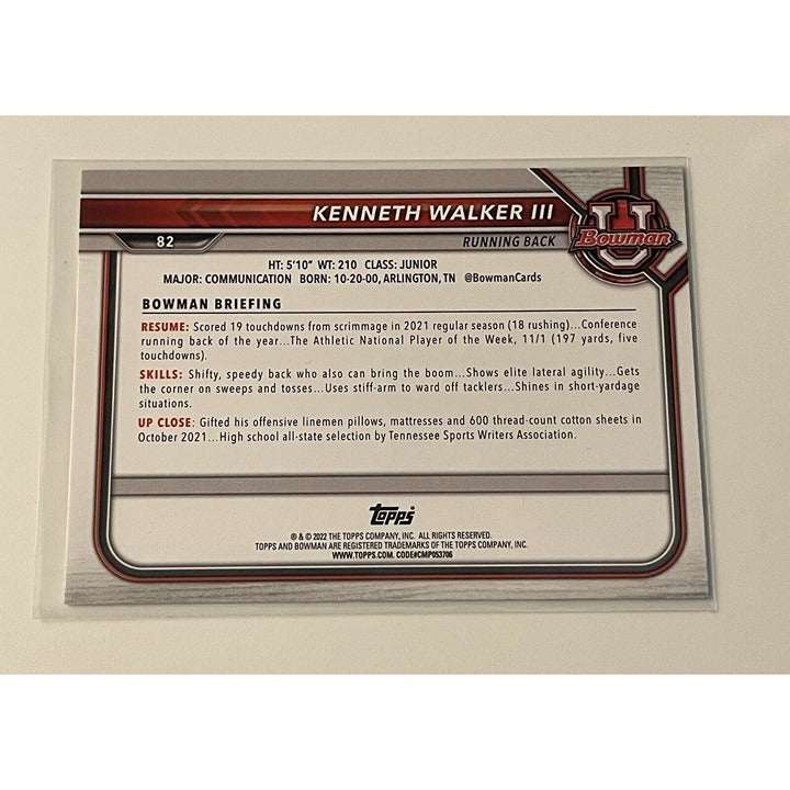 2022 Bowman University Kenneth Walker III 1st Bowman Rookie Card #82 in protective sleeve