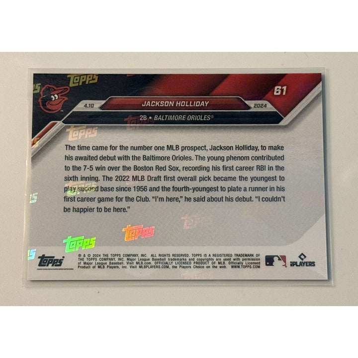 Jackson Holliday 2024 MLB Topps Now Orioles rookie card #61 with MLB debut and 1st RBI design