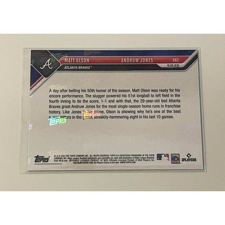 2023 Topps Now Matt Olson and Andruw Jones Atlanta Braves trading card celebrating 51 home runs tie